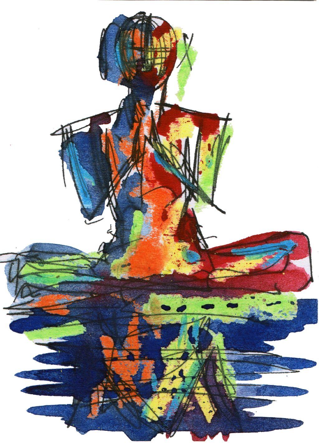 Acuarela de mujer anónima, sentada en el piso, con muchos colores fuertes pintado en acuarela expresando conmoción. 