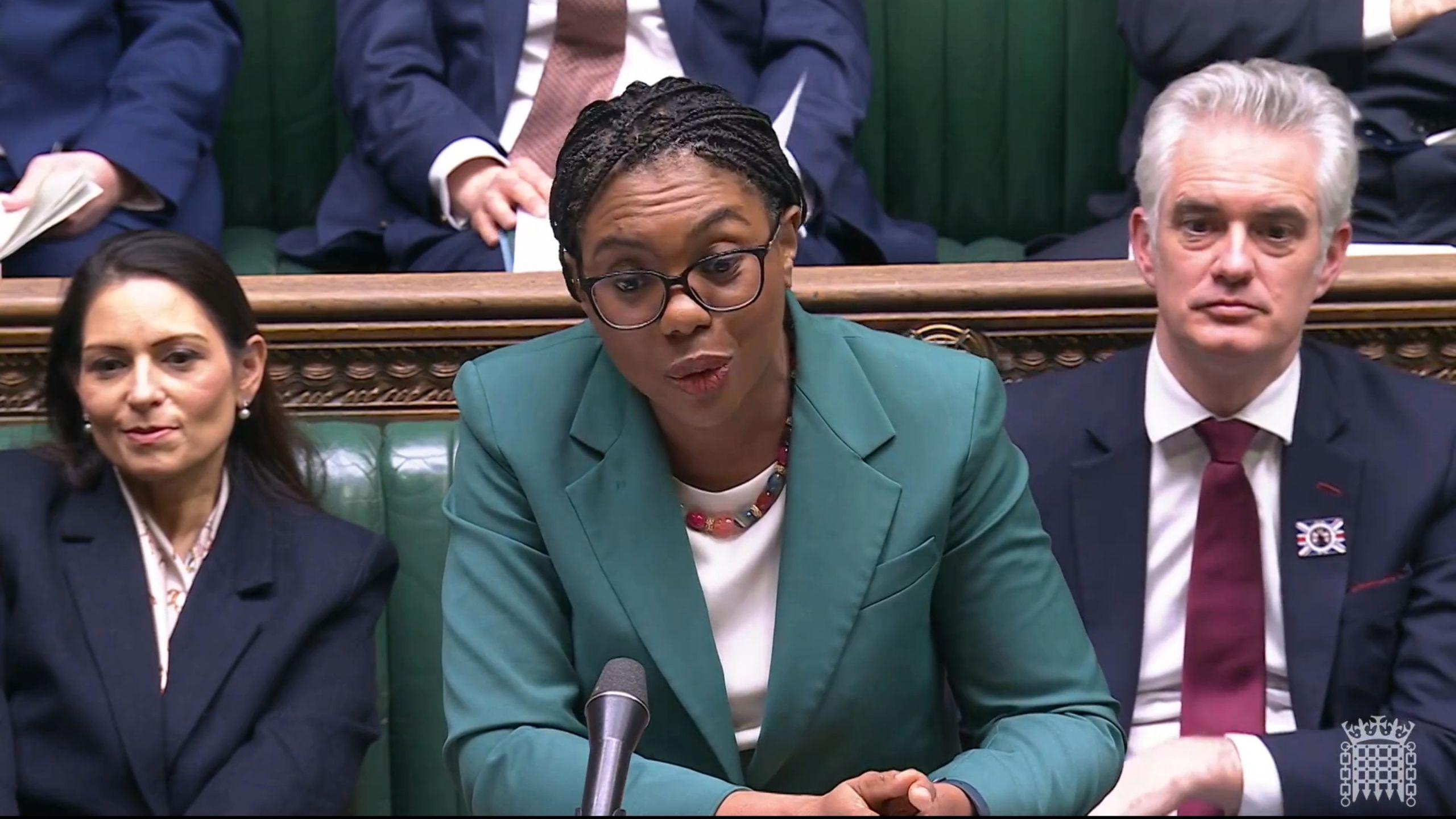 英國保守黨黨魁栢丹娜在倫敦西敏寺國會下議院內發言（國會直播頻道截屏2/2/2026）