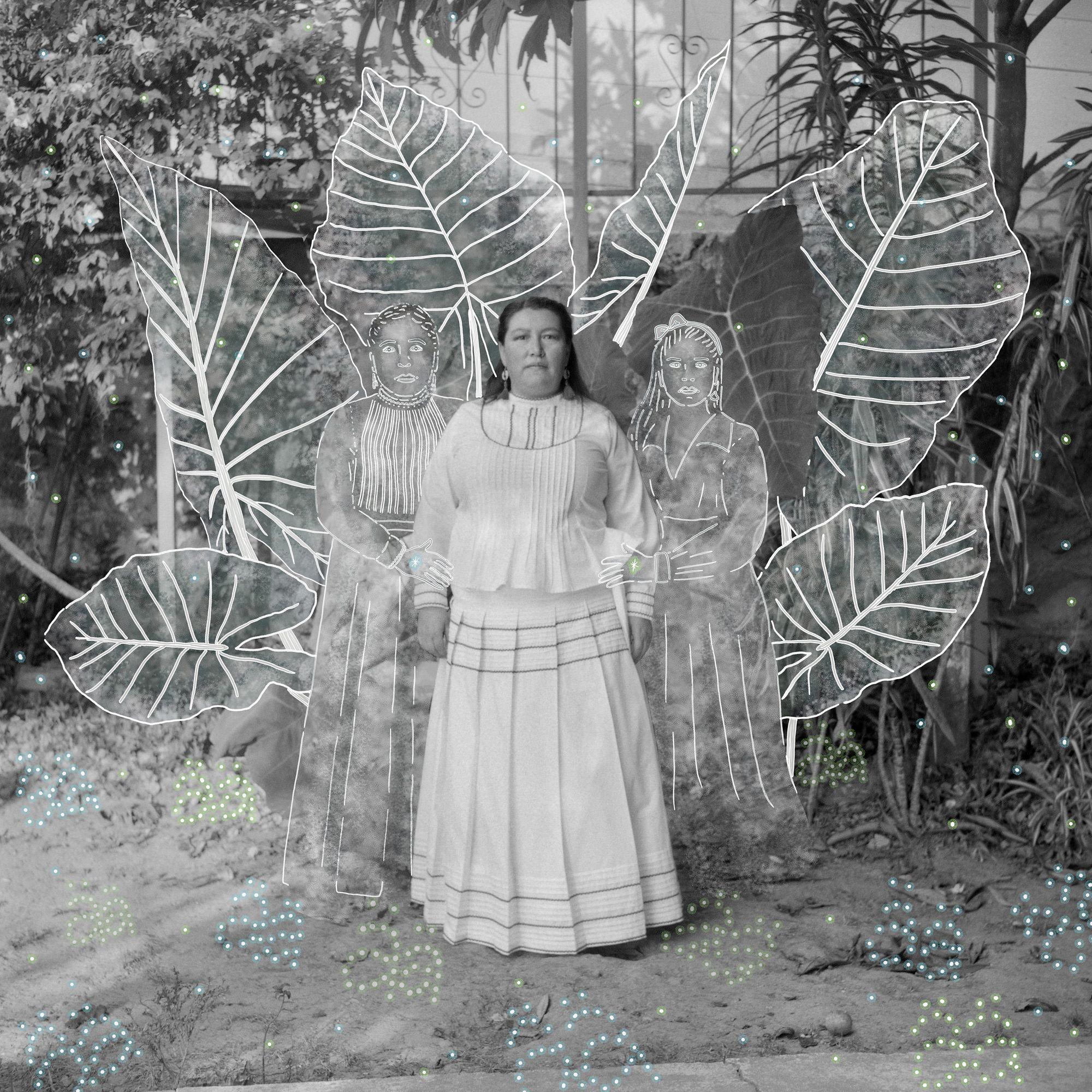 Una fotografía de una mujer de la comunidad indígena yalalteca, México, con una superposición de ilustración digital.