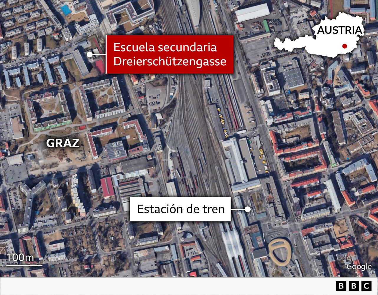 Mapa con la localización del instituto atacado en Graz.