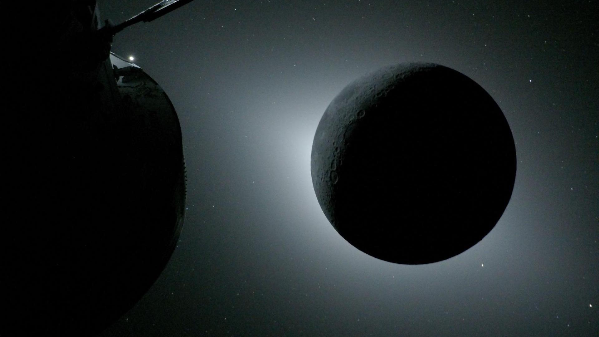 A Lua, iluminada pelo Sol durante um eclipse solar, fotografada pela aeronave Orion da NASA em 6 de abril de 2026