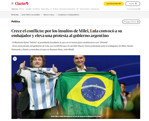 Reportagem no jornal Clar&iacute;n: 'O conflito se intensifica: Lula convocou seu embaixador e apresentou um protesto ao governo argentino ap&oacute;s os insultos de Milei'