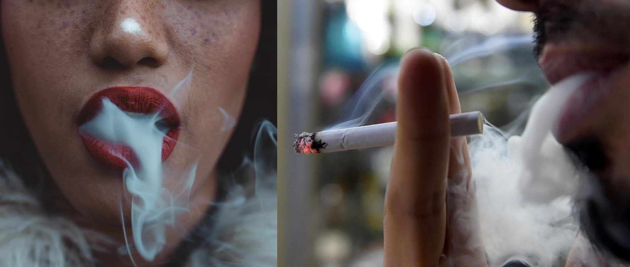 صورتان متجاورتان لرجل وامراة ينفثان دخان سيجارتيهما