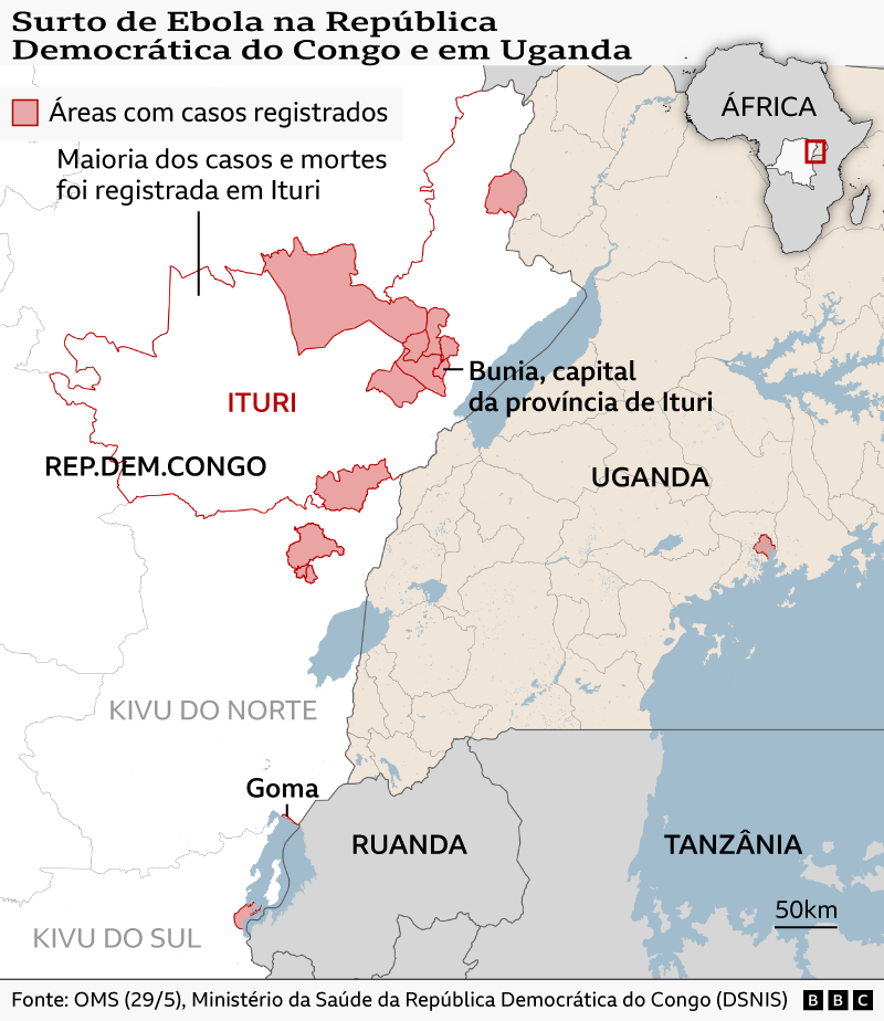 Mapa da BBC intitulado &ldquo;Surto de Ebola na Rep&uacute;blica Democr&aacute;tica do Congo e em Uganda&rdquo; mostra o leste da Rep&uacute;blica Democr&aacute;tica do Congo e os pa&iacute;ses vizinhos Uganda, Ruanda e Tanz&acirc;nia. As &aacute;reas com casos registrados de Ebola aparecem destacadas em vermelho, com a maior concentra&ccedil;&atilde;o na prov&iacute;ncia de Ituri, no leste da Rep&uacute;blica Democr&aacute;tica do Congo. Uma legenda informa: &ldquo;Maioria dos casos e mortes registrada em Ituri&rdquo;. Bunia, capital provincial de Ituri e localizada pr&oacute;xima ao lago Albert, na fronteira com Uganda, aparece marcada como uma das &aacute;reas com casos registrados. Outras zonas afetadas menores tamb&eacute;m s&atilde;o mostradas nas prov&iacute;ncias de Kivu do Norte e Kivu do Sul, al&eacute;m de uma &aacute;rea no oeste de Uganda