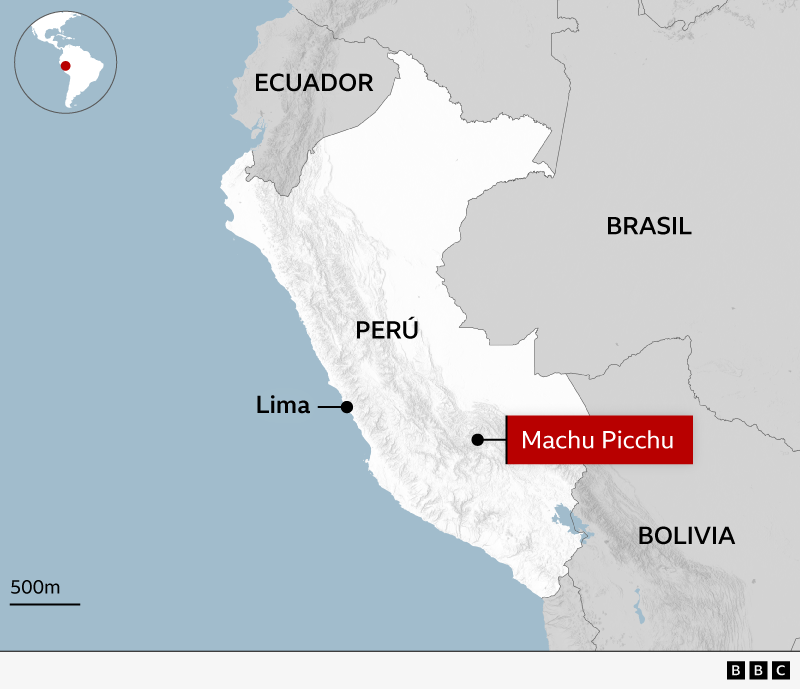 Un mapa muestra el país de Perú en color amarillo, con el sitio declarado Patrimonio de la Humanidad por la UNESCO, Machu Picchu, marcado en la parte inferior.