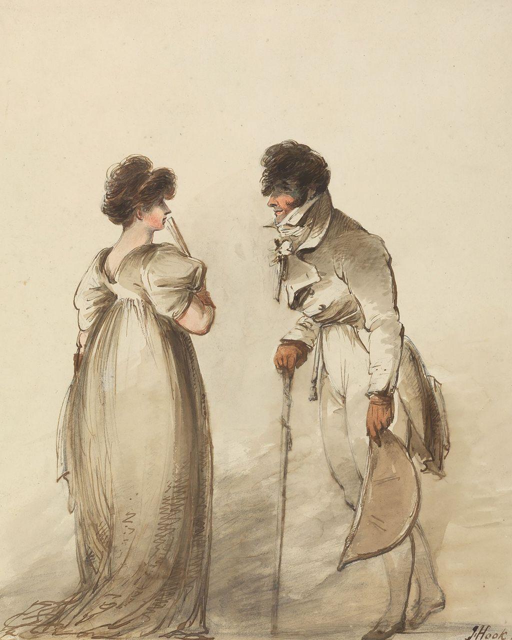Desenho de homem e mulher se olhando com roupas antigas, ela segurando um leque