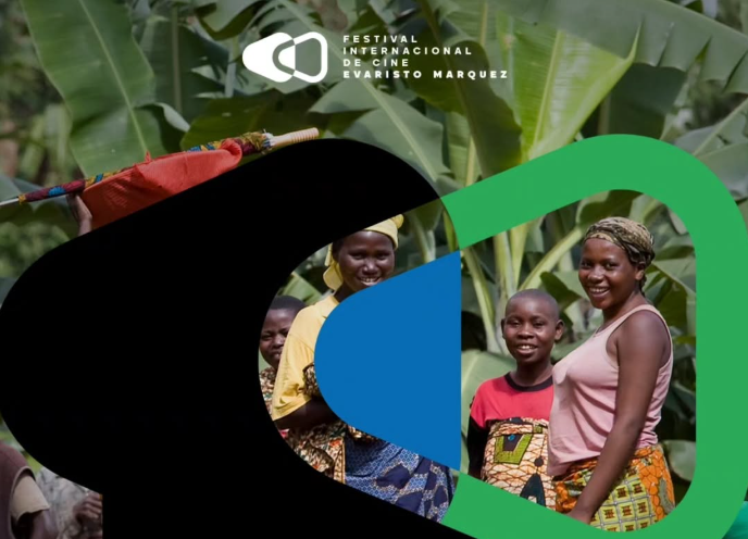 Un anuncio publicitario del Festival Internacional de Cine Evaristo Márquez, FICEM, con el logotipo superimpuesto sobre una foto de palenqueras y palenqueros sonrientes frente a una densa vegetación
