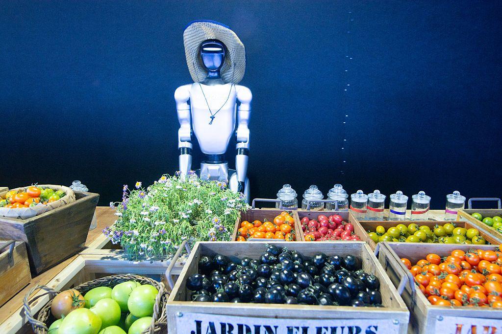 روبوت بشري الشكل يعرض الفاكهة للبيع في مركز تسوق غلوبال هاربور بمدينة شنغهاي، الصين، بتاريخ 5 فبراير 2026.