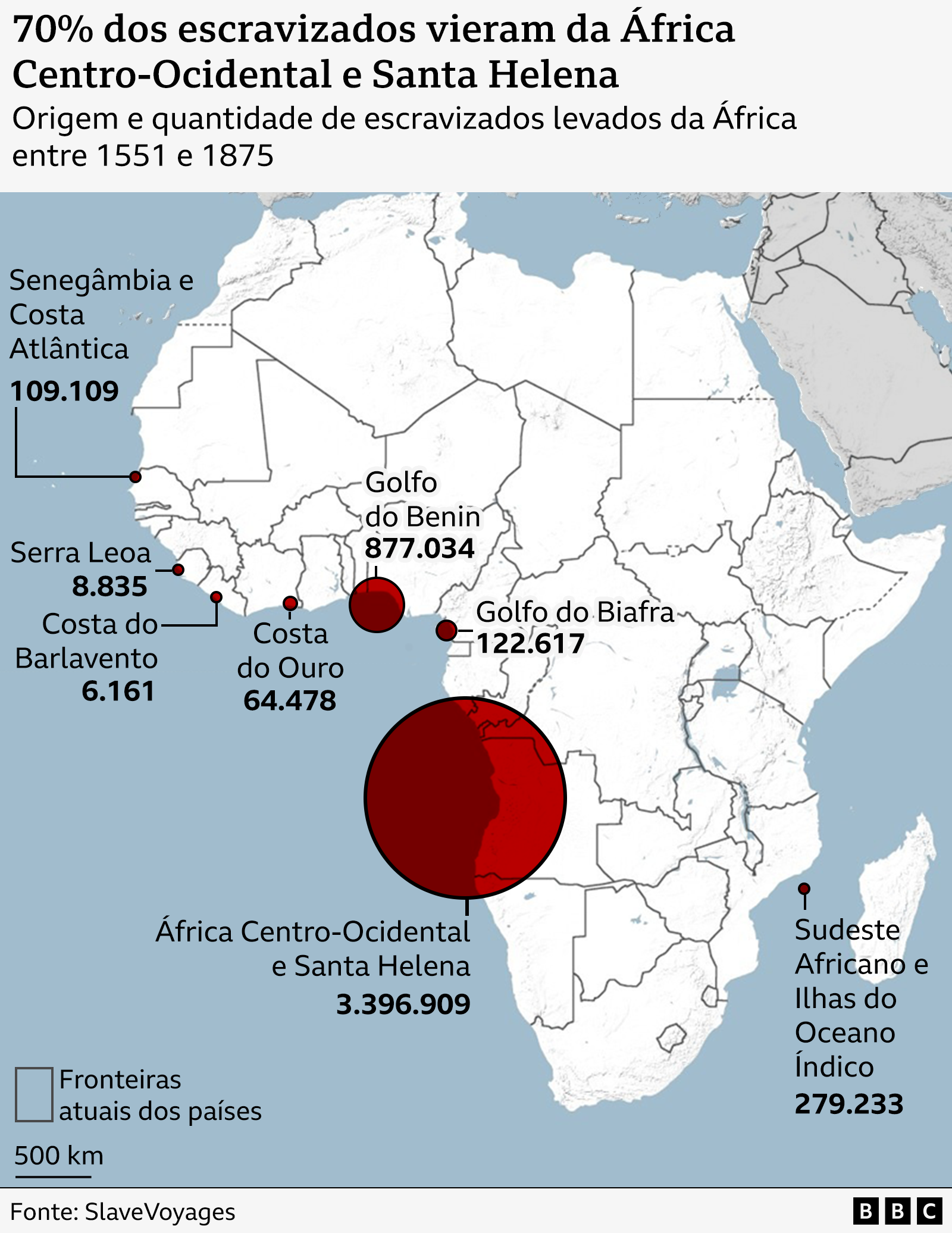 MAPA - Origem e quantidade de escravos levados da África