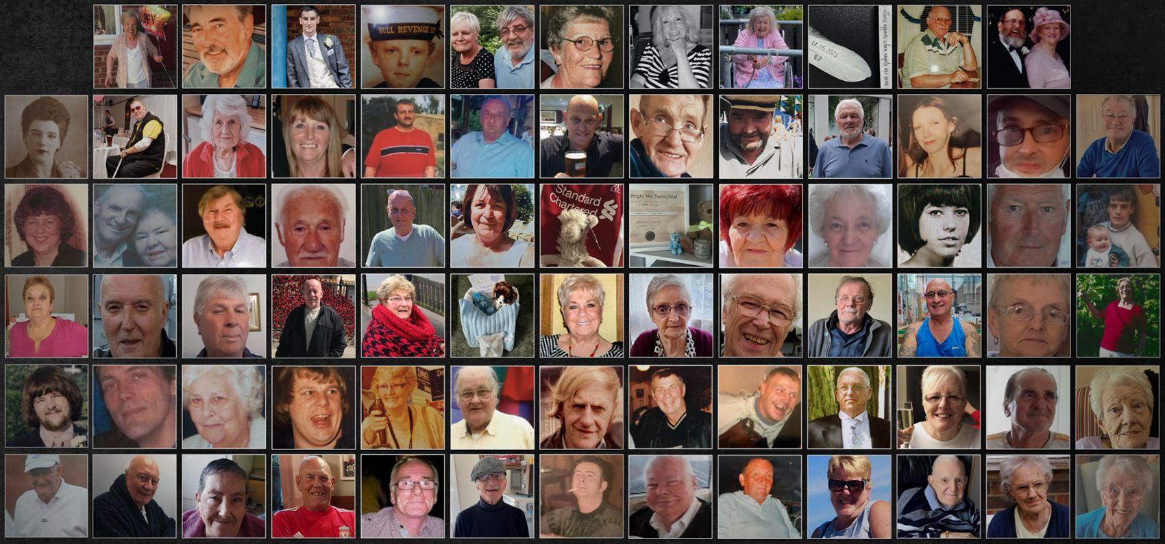 Uma grande colagem composta por dezenas de retratos individuais organizados em forma de grade. As imagens mostram homens e mulheres de diferentes idades, em sua maioria idosos, cada um enquadrado separadamente contra fundos variados