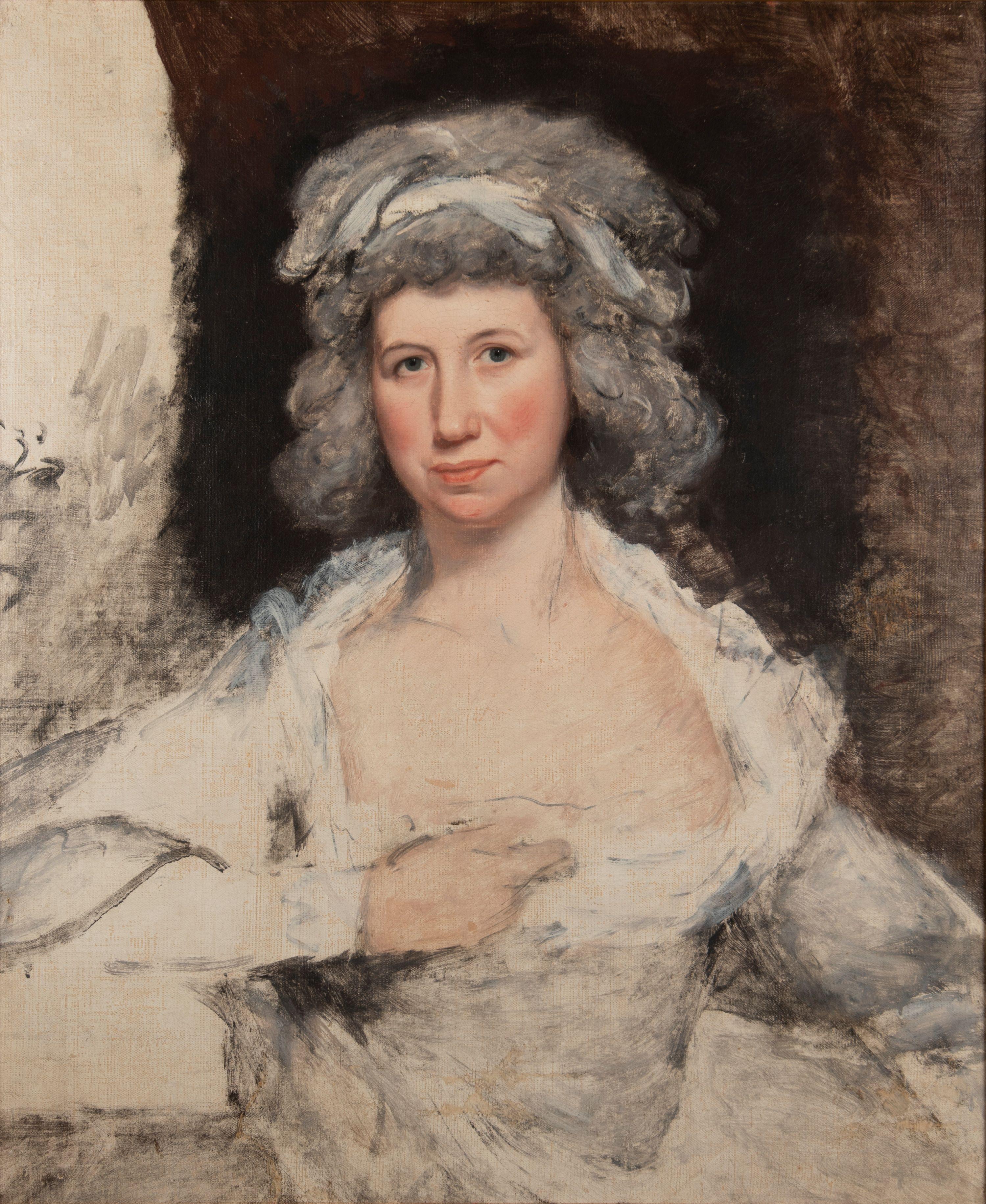 Retrato pictórico inacabado de una persona con cabello empolvado y vestido claro, sobre un fondo oscuro.