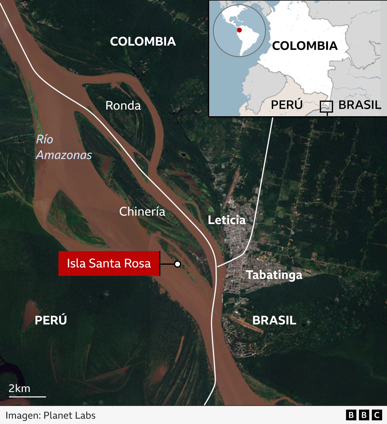 Mapa que muestra la triple frontera entre Colombia, Perú y Brasil y la ubicación de la Isla Santa Rosa.