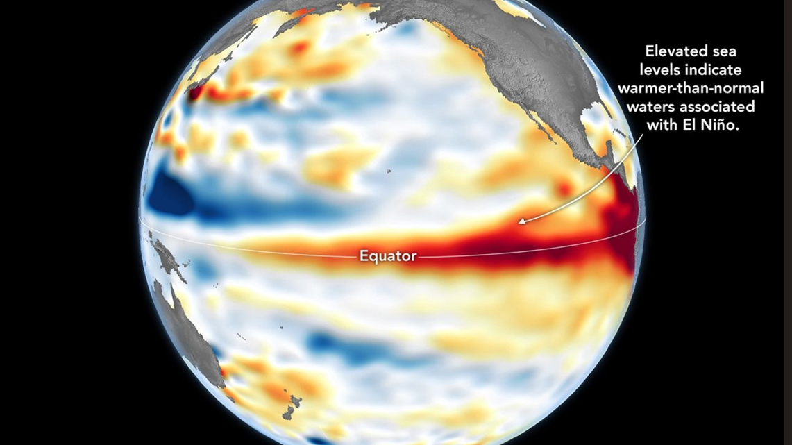 Imagen de la NASA que muestra el calentamiento del Pacífico ecuatorial.