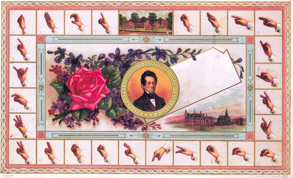 Ilustración del Colegio Nacional de Sordomudos de Estados Unidos de un alfabeto de señas en esta gran tarjeta litográfica emitida en Washington, DC, alrededor de 1875.