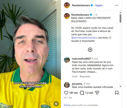Captura de tela mostra postagem de Flavio nas redes sociais anunciando a carta de Jair Bolsonaro em 11 de julho de 2026