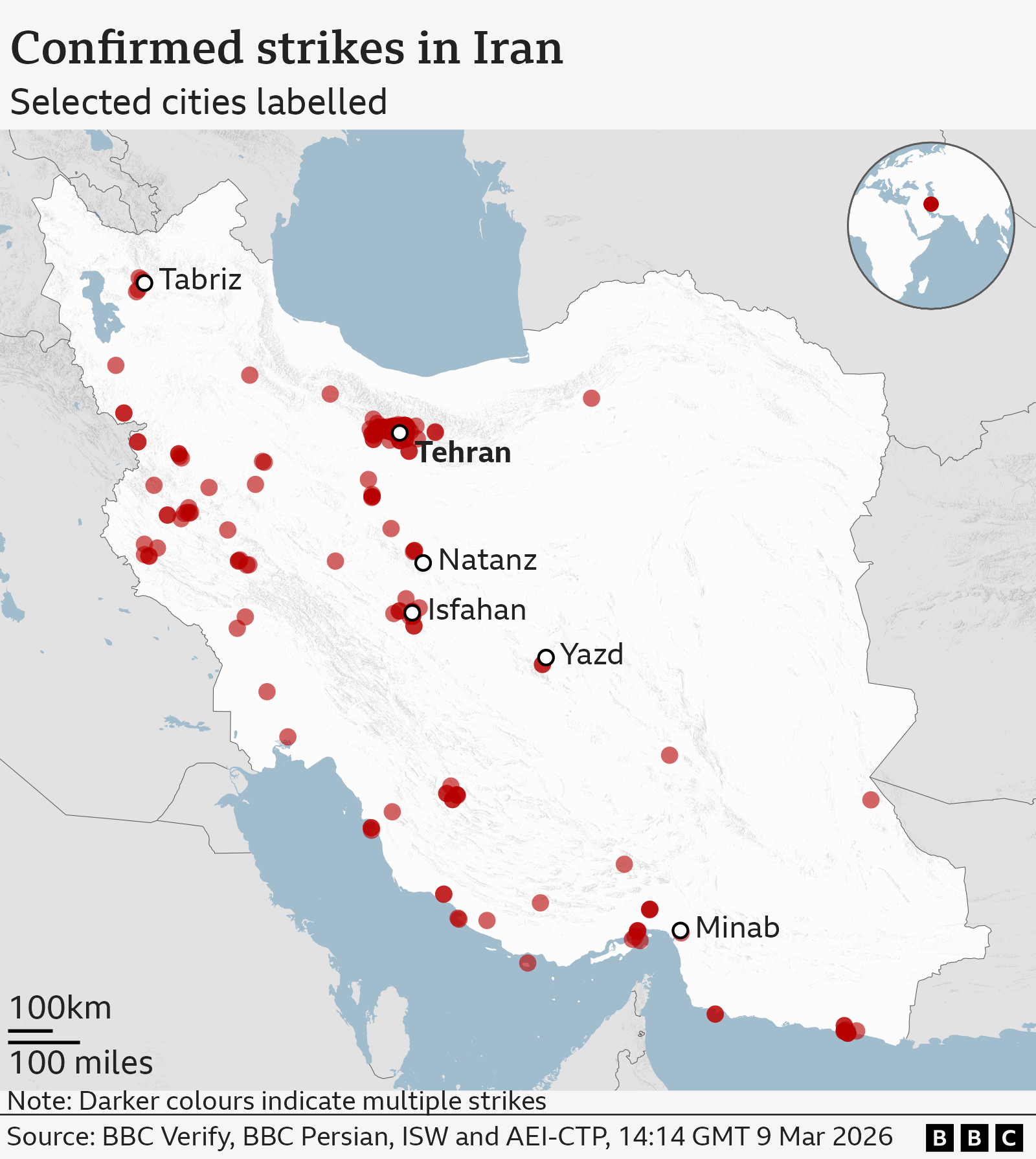 The image is a map of Iran with red dot symbols indicating locations which have had one or more US and Israeli strikes. In addition some key cities are labelled, these include:- Tabriz (north west Iran)- Tehran (north central Iran, the capital)- Isfahan (central Iran)- Yazd (central Iran)- Minab (south Iran)The map includes a small inset globe in the top-right corner highlighting Irans location in the Middle East. A BBC logo appears in the bottom-right corner. The borders of surrounding countries and coastlines are faintly outlined, but the focus is on the distribution of strike locations across Iran.