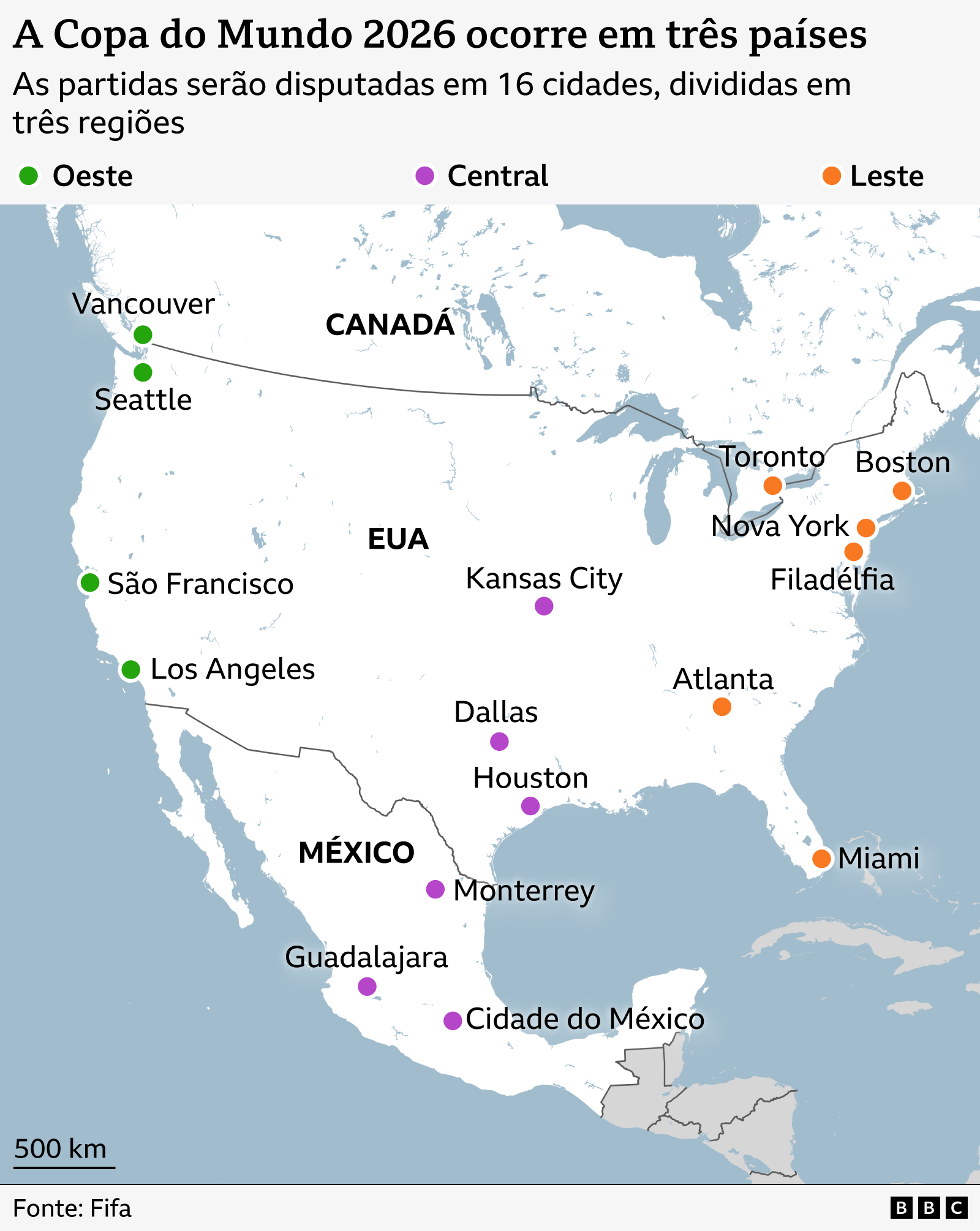 Mapa da Am&eacute;rica do Norte, mostrando as cidades-sede da Copa do Mundo de 2026