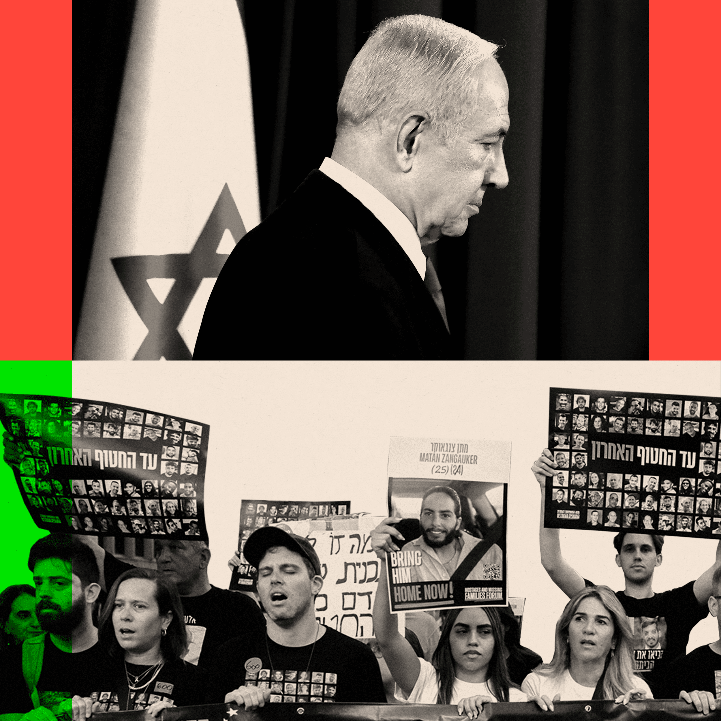 Two images: Benjamin Netanyahu on the top and on the bottom, relatives and supporters of Israeli hostages held captive hold their portraits during a protest in Tel Aviv 