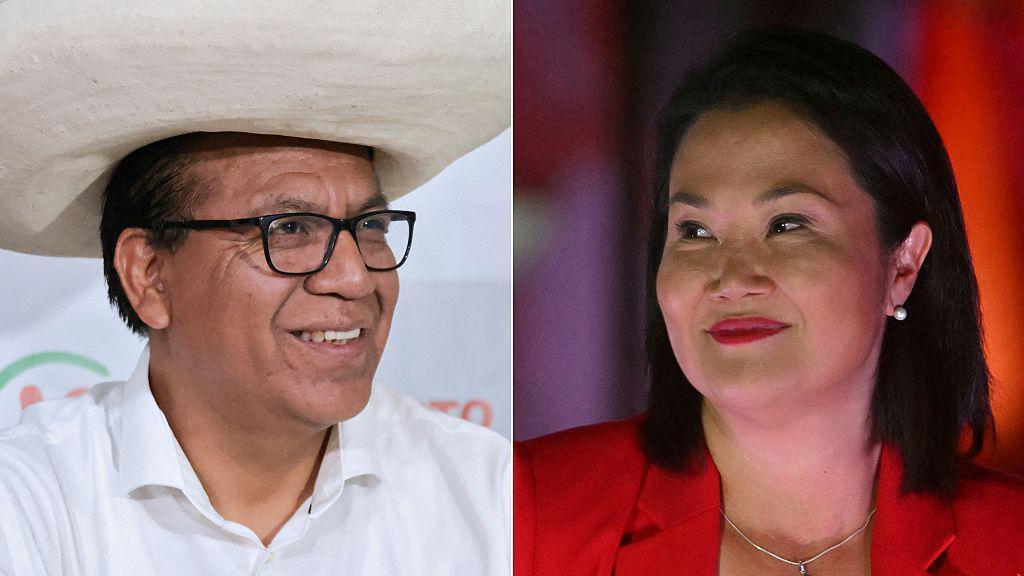 Foto compuesta de Roberto Sánchez, con camisa blanca y sombrero, y Keiko Fujimori de rojo
