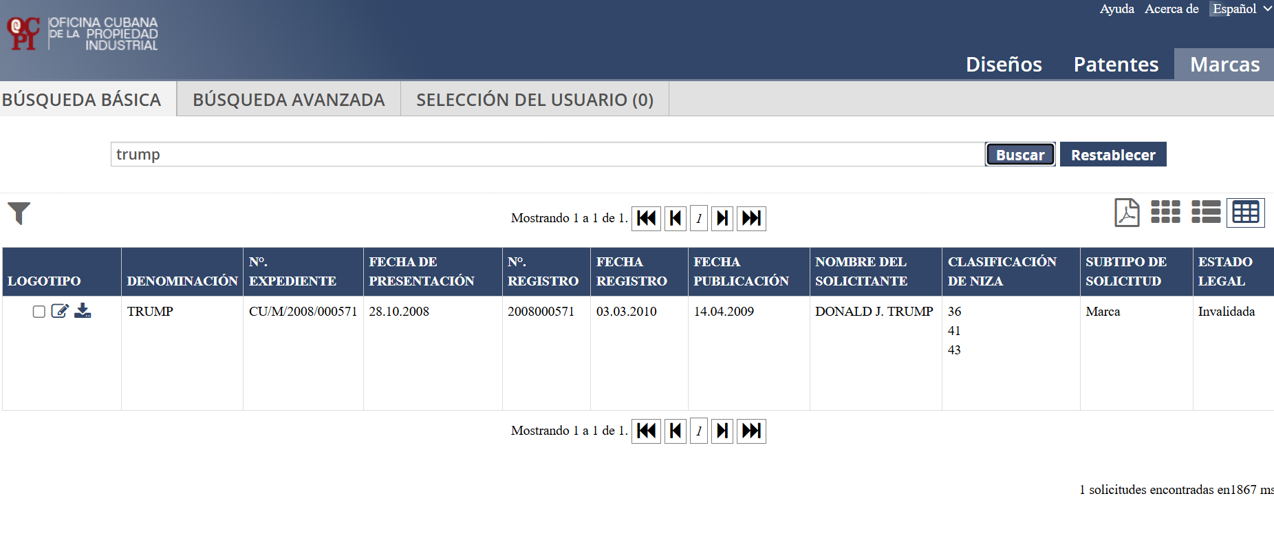 Captura de pantalla del sitio en internet de la Oficina Cubana de la Propiedad Industrial donde figura la marca TRUMP como registrada en 2010 e invalidada más tarde.