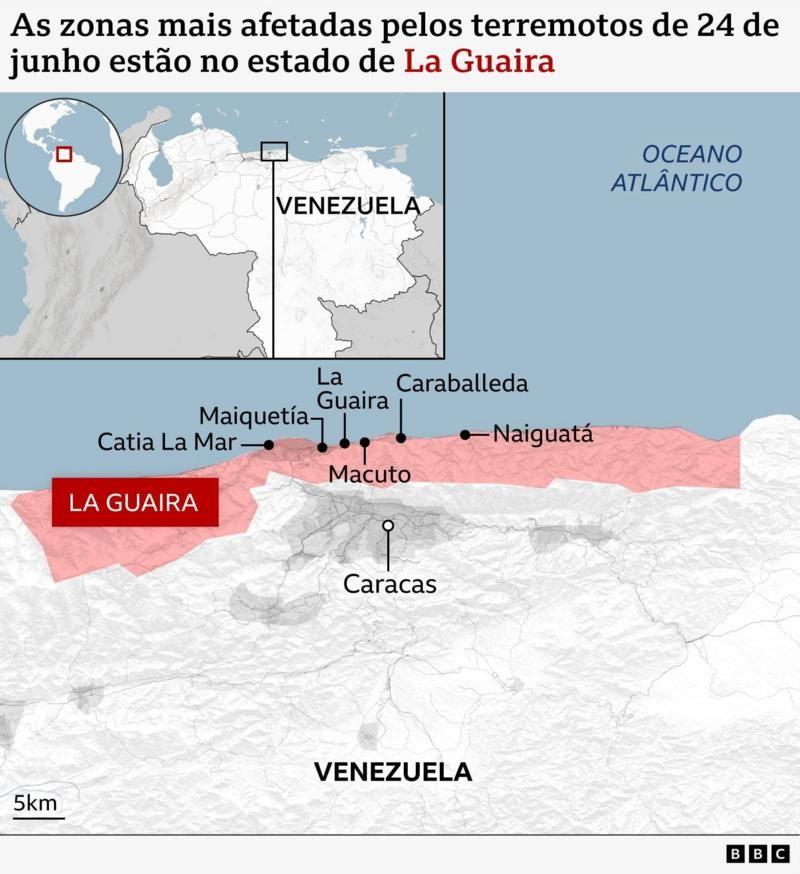 Mapa das zonas mais afetadas pelos terremotos da Venezuela em 24 de junho de 2026