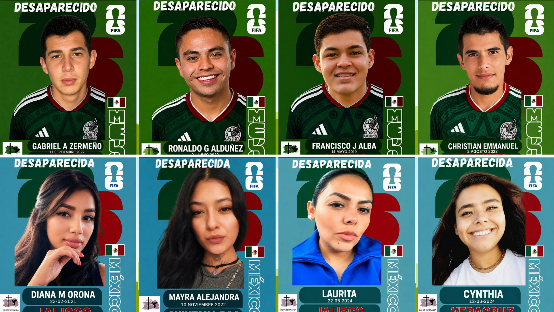 Varios rostros de desaparecidos que aparentan ser cromos mundialistas