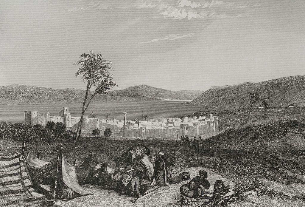 طبريا وبحيرة طبريا، 1840. من كتاب "الأرض المقدسة والأماكن التي اجتازها الأنبياء والرسل والصليبيون"، الذي نشرته مطبعة خواكين فيرداغير في برشلونة عام 1840. المصور: إميل روارغ