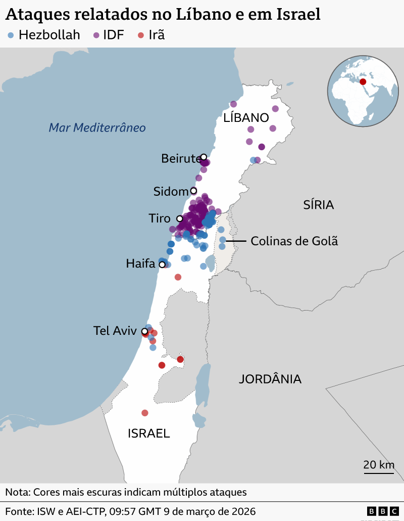 Mapa mostrando Israel e L&iacute;bano e as localiza&ccedil;&otilde;es de ataques relatados das For&ccedil;as de Defesa de Israel contra o L&iacute;bano, do Hezbollah contra o norte de Israel e a &aacute;rea fronteiri&ccedil;a do sul do L&iacute;bano; e ataques iranianos no norte e centro de Israel. Fonte: Instituto para o Estudo da Guerra.