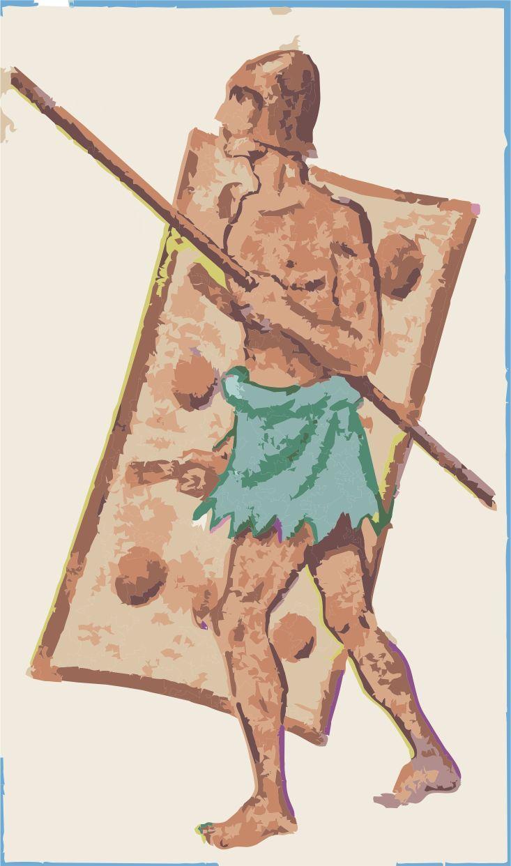 Desenho de um homem segurando algo que parece uma lan&ccedil;a e um escudo