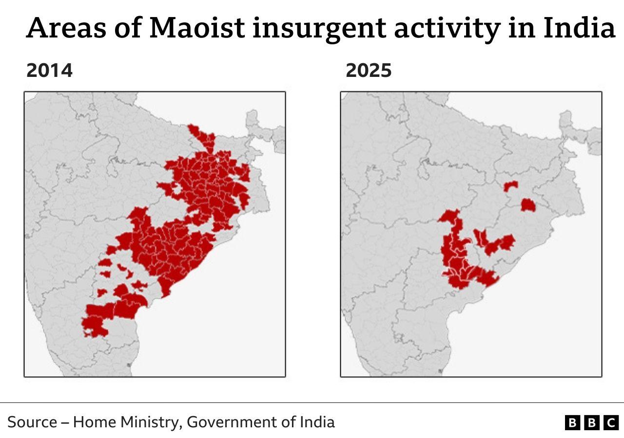 Dua peta India, tahun 2014 dan lainnya tahun 2025. Area aktivitas pemberontak Maois disorot di keduanya, dan peta tersebut menunjukkan bagaimana jumlah area tempat mereka beroperasi telah menurun secara signifikan dalam 11 tahun terakhir.