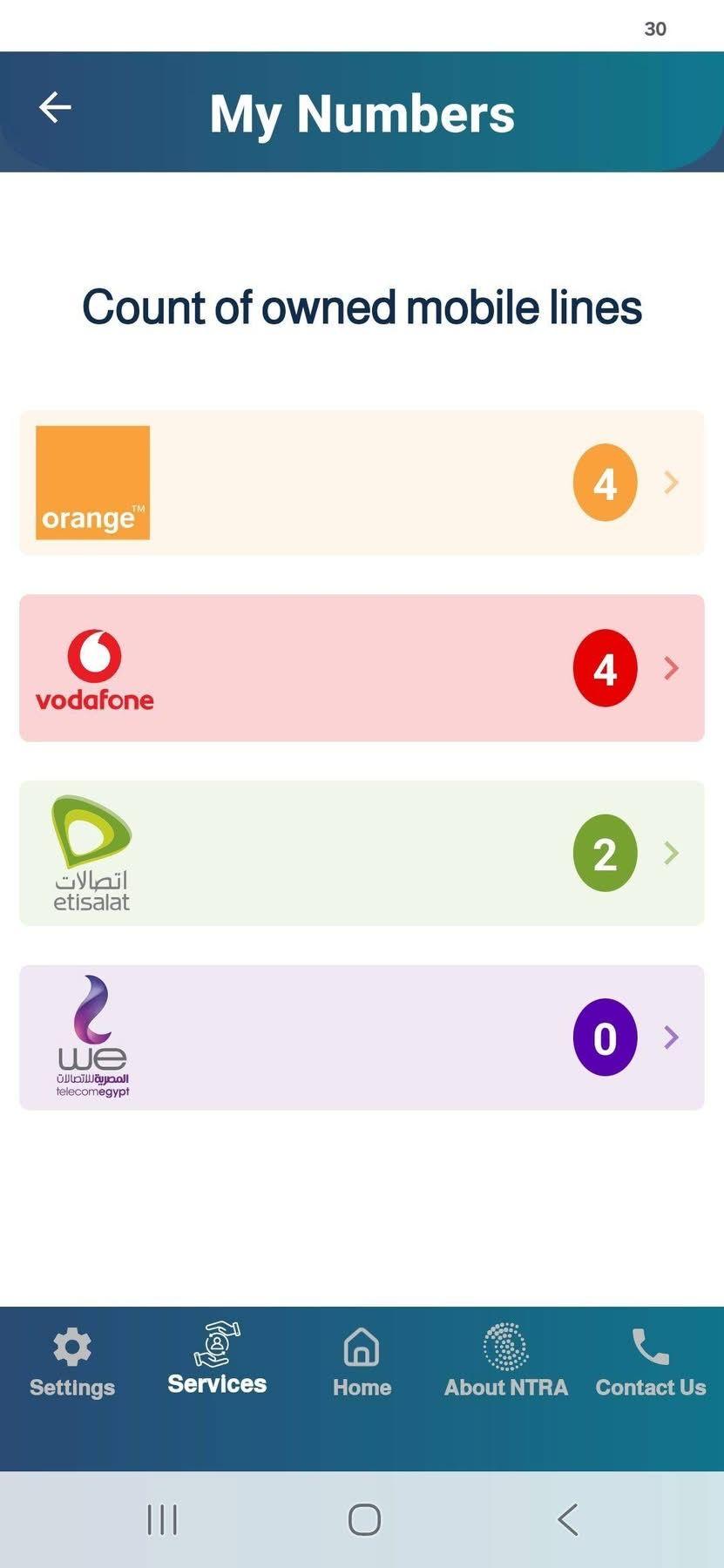صورة توضح عدد الخطوط المسجلة في كل شركة هاتف. 