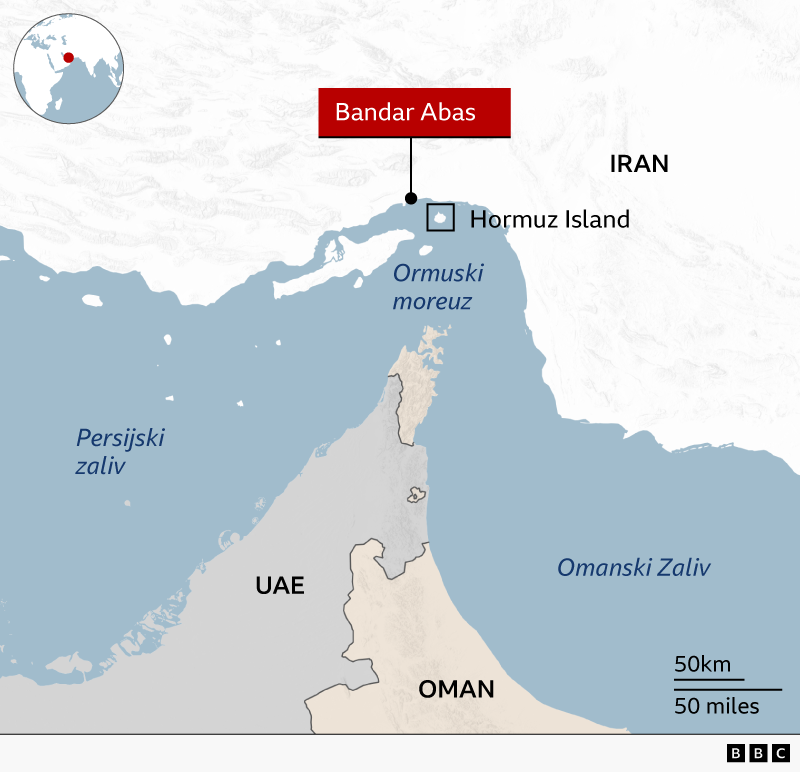 Zaplenjeni brodovi i lov na ajkule: BBC u Ormuskom moreuzu 3 Mapa Ormuskog moreuza i pozicije Bandar Abasa