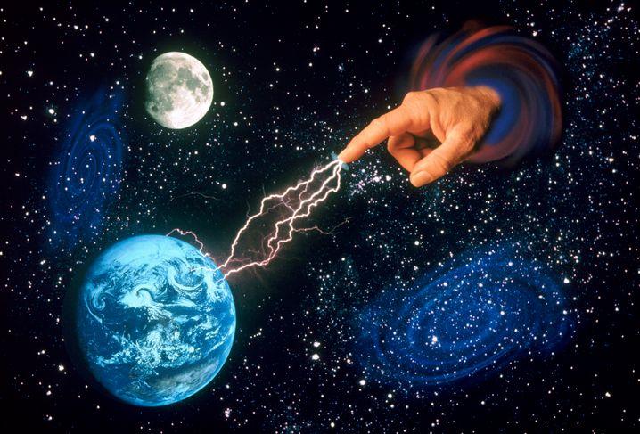 Ilustração mostra dedo apontado para o planeta Terra em meio ao universo, indicando o poder de um Deus