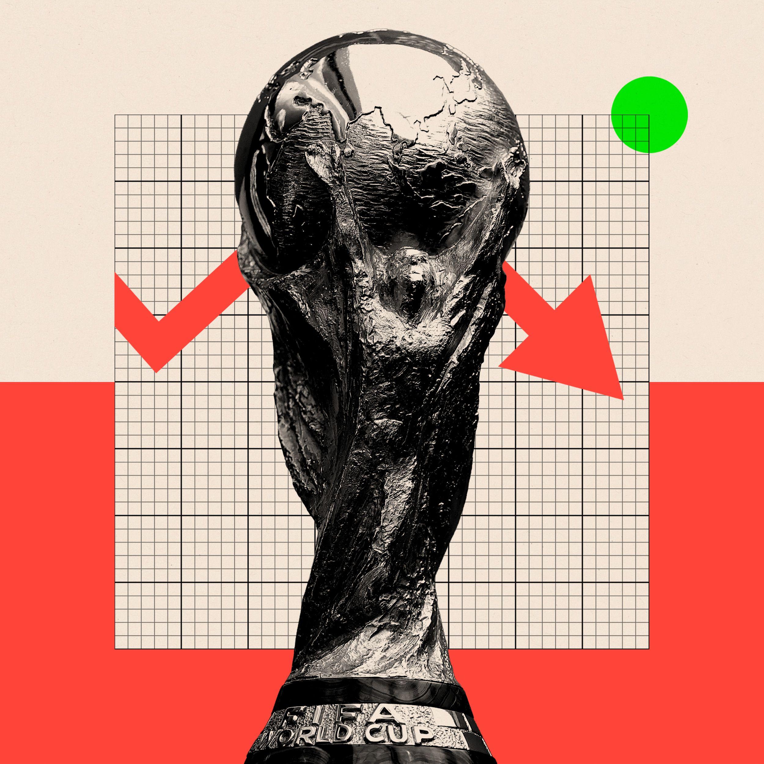 격자 무늬 배경 중앙에 FIFA 월드컵 트로피의 흑백 클로즈업 사진이 배치되어 있다. 그 뒤로는 굵은 빨간 선이 아래로 기울어져 뻗어 있다.