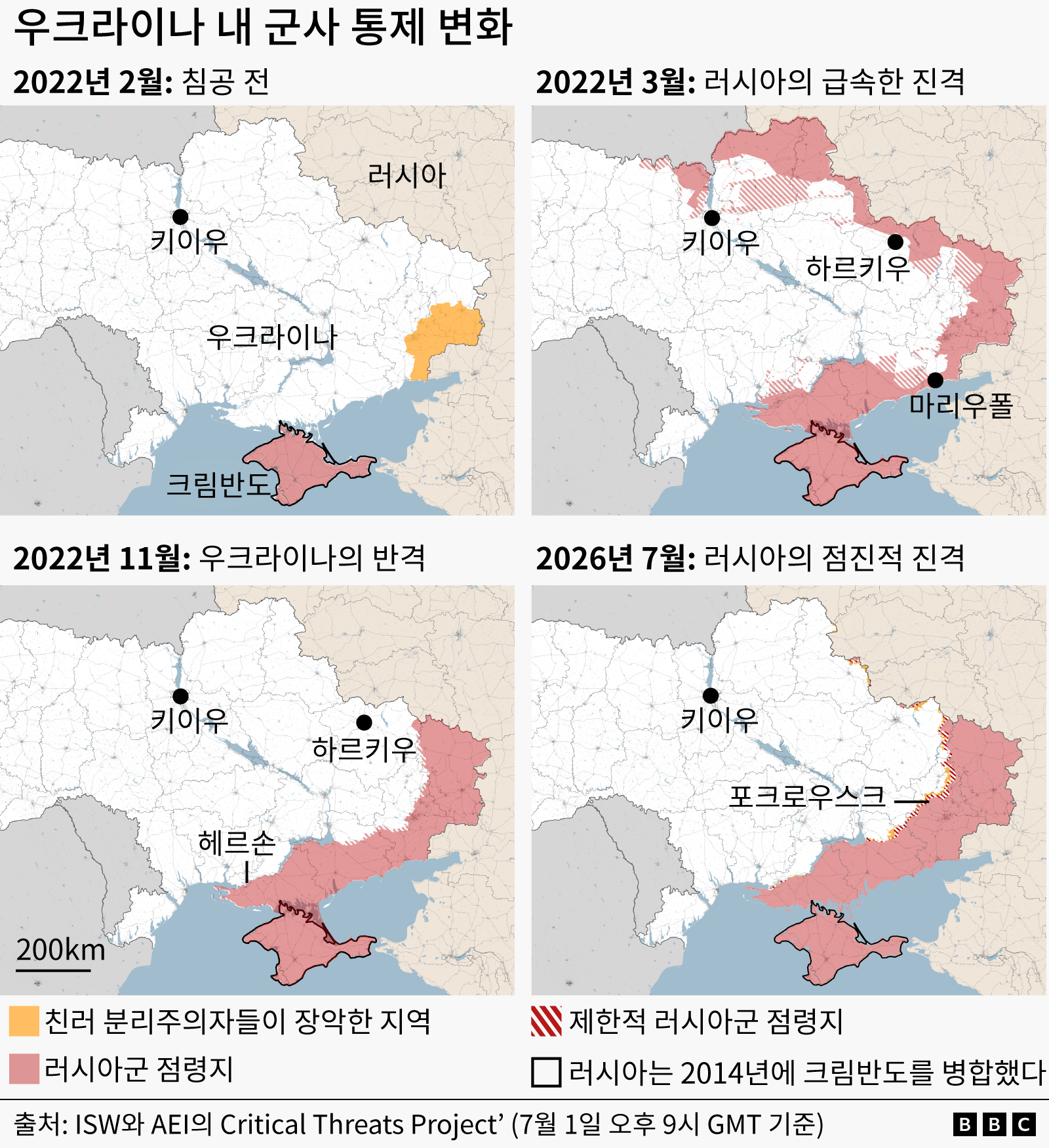 2022년 2월~2026년 7월 우크라이나 내 통제권 변화를 보여주는 지도