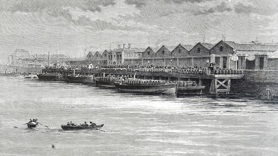 Gravura do século 19, mostrando a cervejaria Guinness em Dublin, na Irlanda