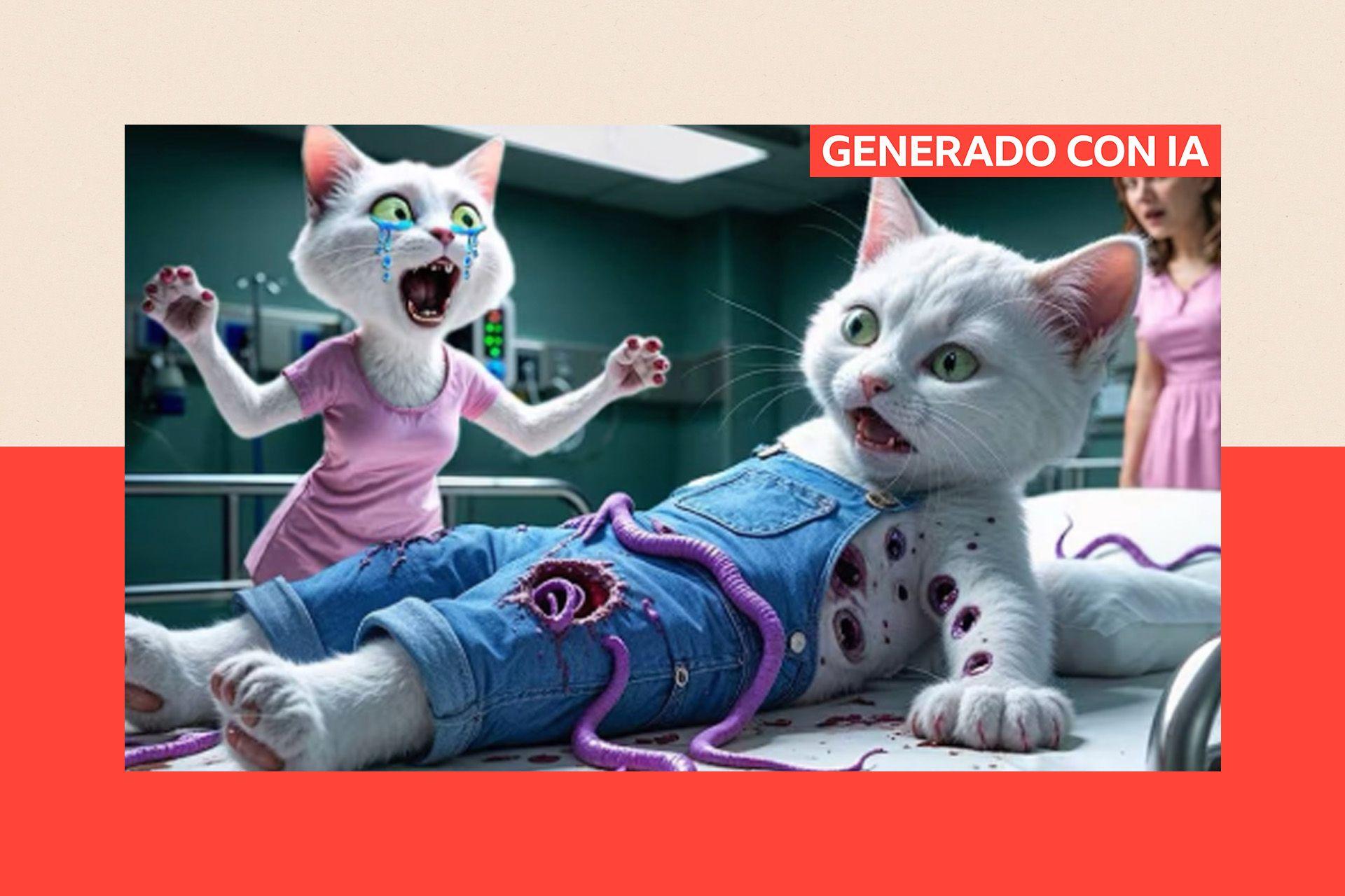 Una caricatura generada por IA de un gato en una cama de hospital; sobre ella, otro gato observa con horror.