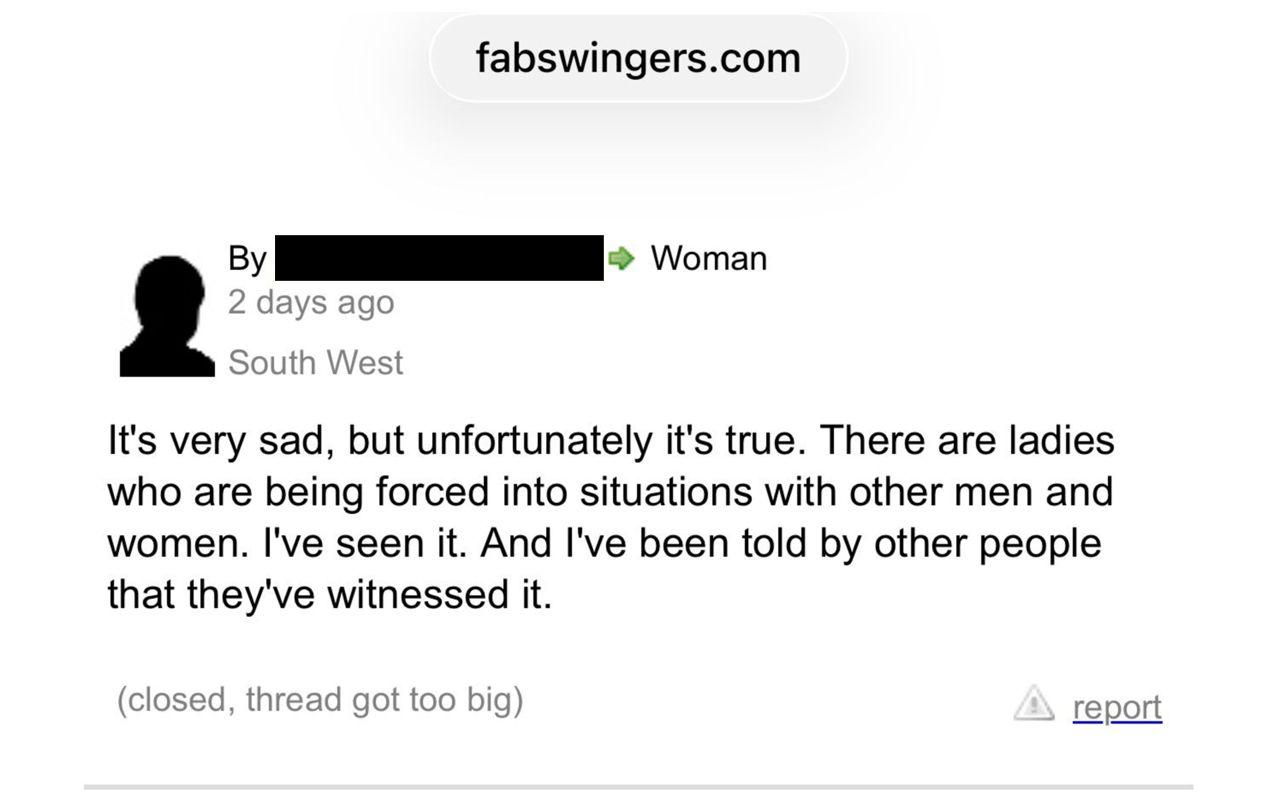 Captura de tela de uma publica&ccedil;&atilde;o em um f&oacute;rum de discuss&atilde;o do FabSwingers. A mensagem diz: 