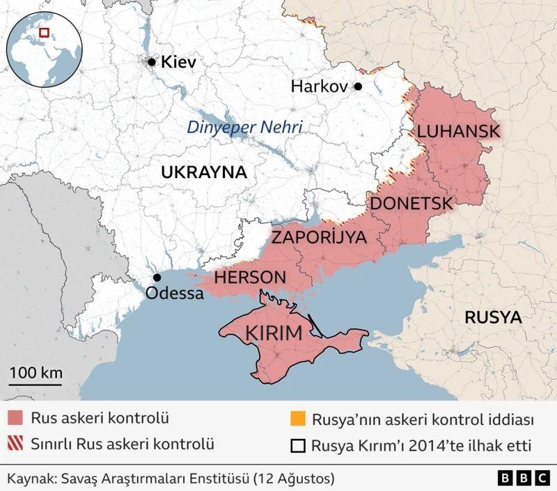 Ukrayna'da Ukrayna ve Rusya'nın kontrol ettiği yerleri gösteren bir harita