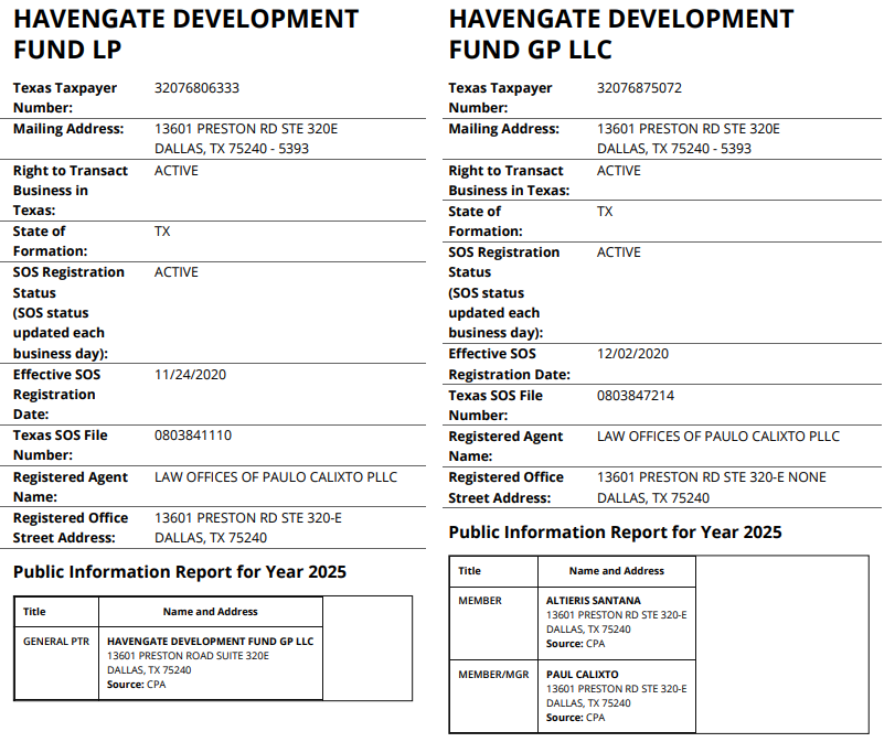 Os registros do fundo Havengate Development Fund LP e da empresa Havengate Development Fund GP LLC no site do Controlador de Contas P&uacute;blicas do Texas