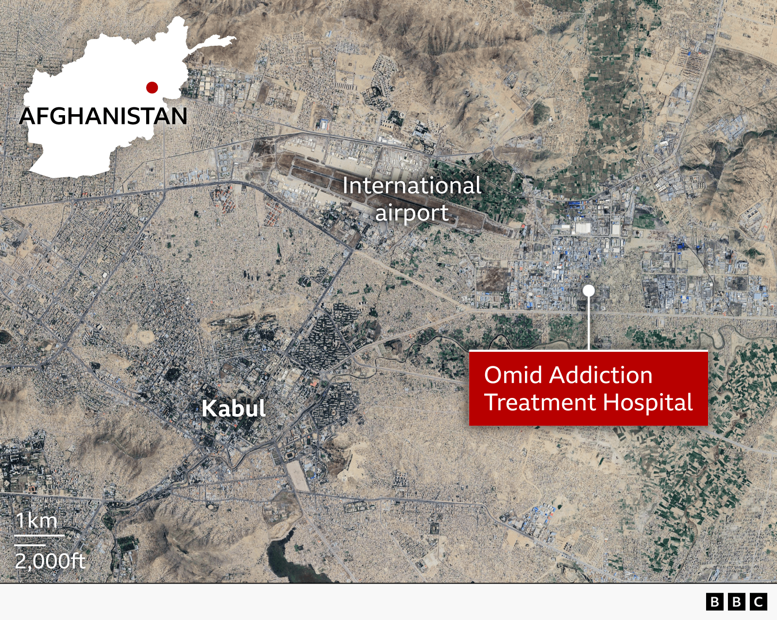 Map of Kabul area showing drug rehab centre, and the city as well as the international airport