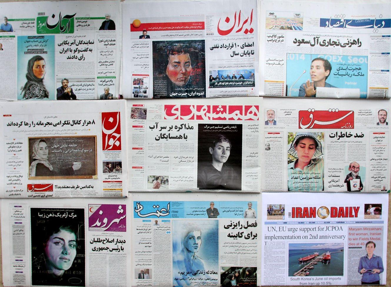 Varias portadas de periódicos, en farsi e inglés, con fotos e ilustraciones de Maryam Mirzakhani