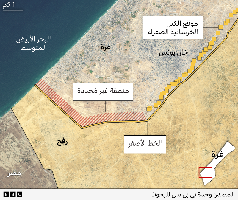 رسم توضيحي من بي بي سي يظهر الأماكن التي لم يضع فيها الجيش الإسرائيلي كتلًا صفراء حتى 11 يناير/كانون الثاني 