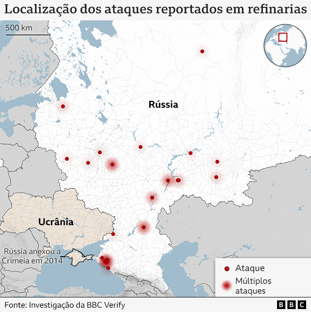 Gráfico da BBC mostra as localizações dos ataques às refinarias, marcadas em um mapa da Rússia