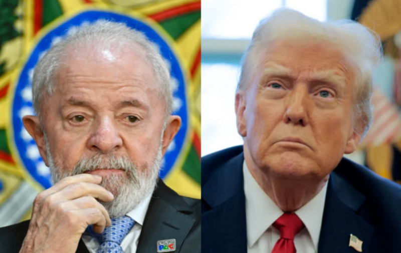 Colagem de fotos de Lula e Trump; ambos aparecem sérios e compenetrados