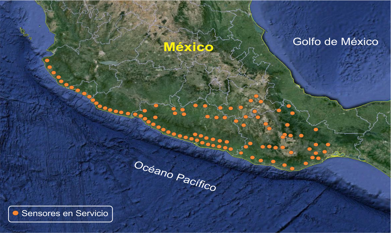 Mapa de la cobertura de estaciones de sensores sísmicos de México.