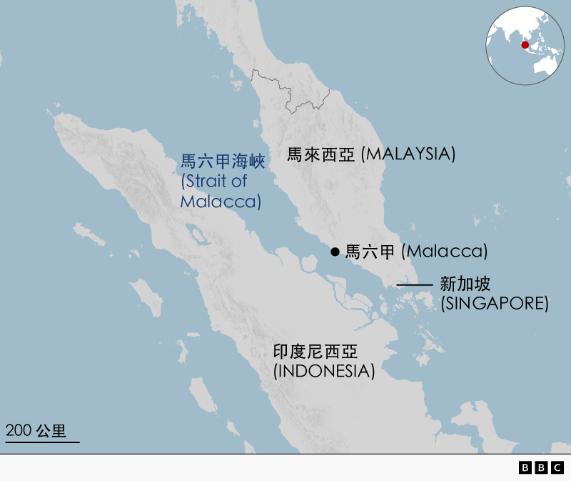 地圖顯示馬六甲海峽的位置