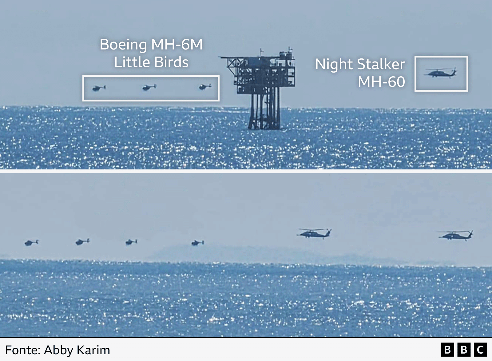 Duas imagens mostram helicópteros voando baixo sobre o mar. A imagem superior identificou os helicópteros menores como Boeing MH-6Ms, enquanto o helicóptero maior é identificado como um MH-60.