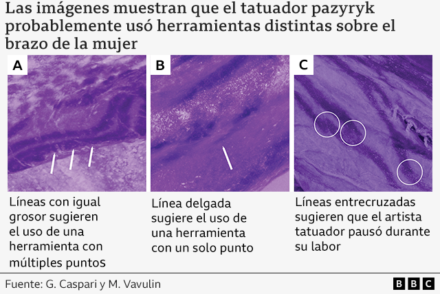 Cuadro de tres imágenes del escáner de alta resolución del cuerpo de la mujer, con un tono morado. Las tres imágenes muestran partes de la piel y el tatuaje de la mujer con líneas a través de la piel que son el tatuaje. Muestran diferentes marcas hechas con diferentes herramientas.