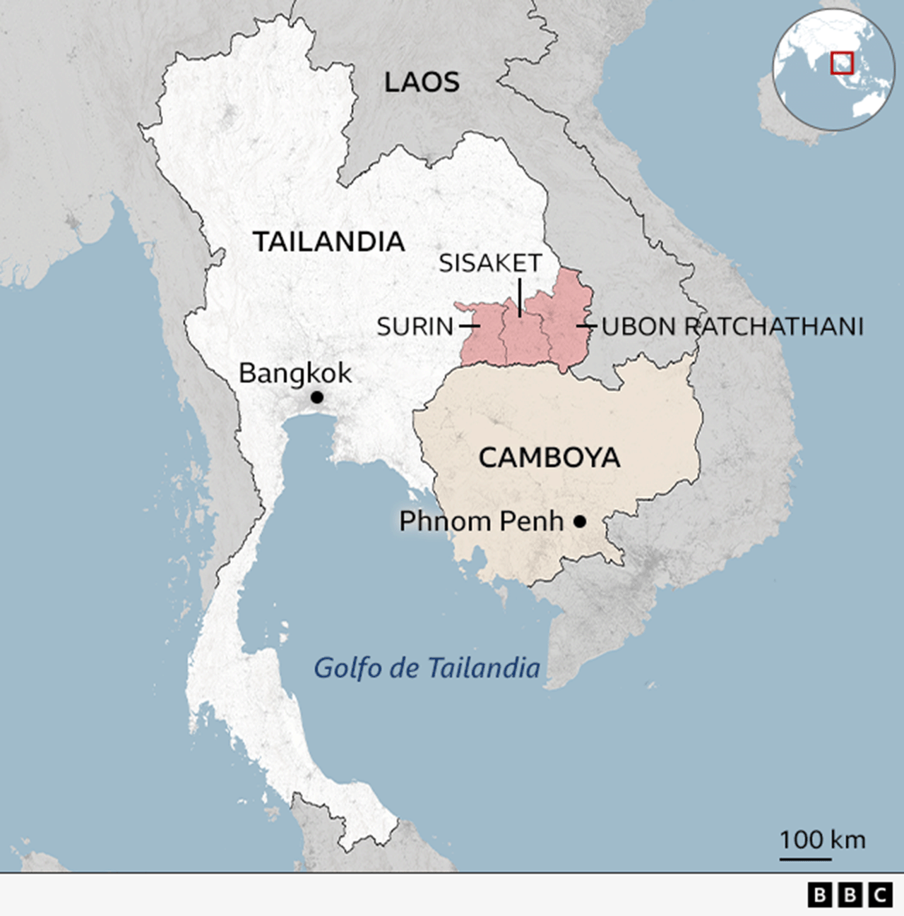Mapa de Tailandia, Camboya y Laos. Muestra las capitales de Tailandia y Camboya, las fronteras y señala las tres provincias fronterizas que han reportado combates en la zona tailandesa: Surin, Sisaket y Ubon Ratchathani.